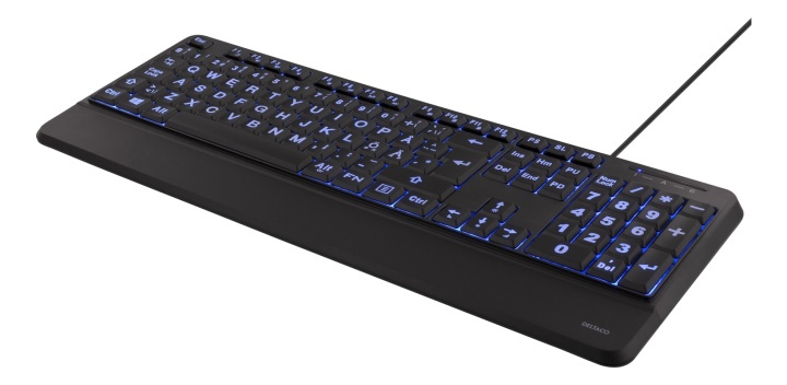 DELTACO Fullstort tangentbord med extra stora tecken, blå LED, USB, sv i gruppen DATORER & KRINGUTRUSTNING / Möss & Tangentbord / Tangentbord / Trådbundna hos TP E-commerce Nordic AB (38-71714)