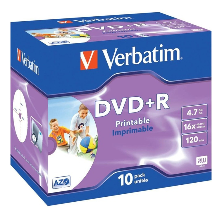 Verbatim DVD+R, 16x, 4,7 GB/120 min,10-pack jewel case, AZO, printable i gruppen HEMELEKTRONIK / Lagringsmedia / CD/DVD/BD-skivor / DVD+R hos TP E-commerce Nordic AB (38-72000)