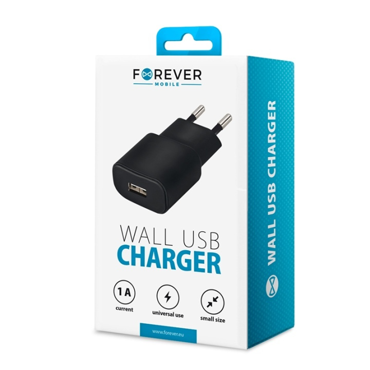 Forever väggladdare, USB-port, 1A, svart i gruppen SMARTPHONE & SURFPLATTOR / Laddare & Kablar / Väggladdare / Väggladdare USB hos TP E-commerce Nordic AB (38-72501)