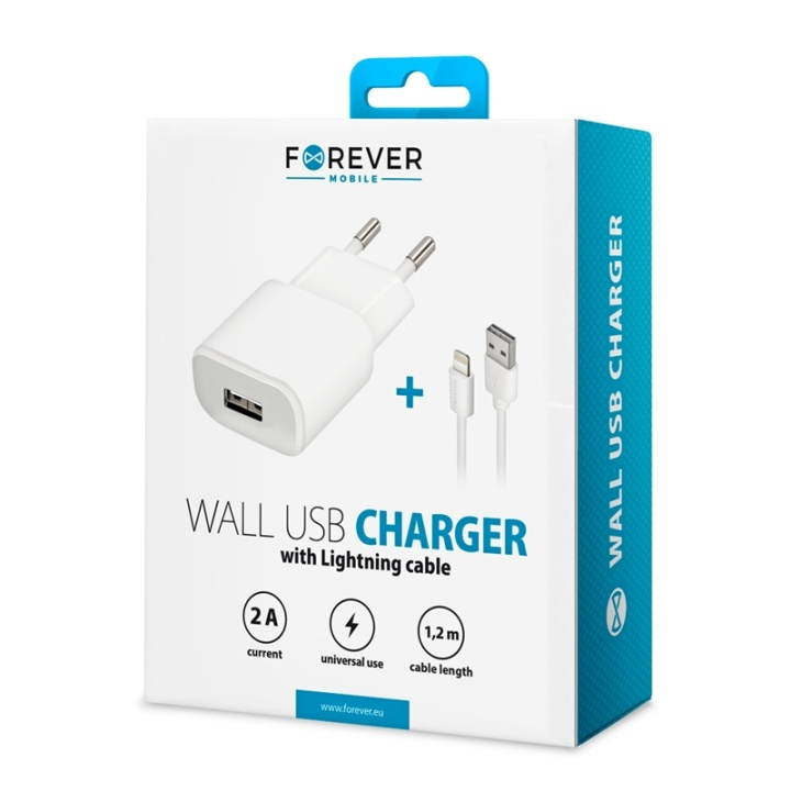 Forever Väggladdare USB 2A TC-01 + iPhone 8-pin kabel - Vit i gruppen SMARTPHONE & SURFPLATTOR / Laddare & Kablar / Väggladdare / Väggladdare Lightning hos TP E-commerce Nordic AB (38-72509)