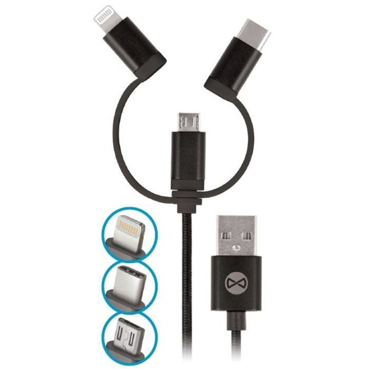Forever 3in1 nylon microUSB + Lightning + USB typ-C Svart i gruppen SMARTPHONE & SURFPLATTOR / Laddare & Kablar / Kablar / Kablar Lightning hos TP E-commerce Nordic AB (38-72598)
