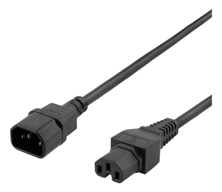 DELTACO 2m jordad kabel IEC 60320 C15 - IEC6320 C14, 250V/10A, svart i gruppen DATORER & KRINGUTRUSTNING / Datorkablar / Apparatkablar hos TP E-commerce Nordic AB (38-74637)