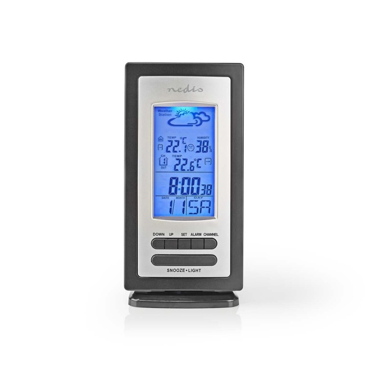 Nedis Väderstation | Inomhus & utomhus | Inklusive trådlös vädersensor | Väderprognos | Tidsdisplay | LCD-skärm | Alarmklockfunktion i gruppen HEM, HUSHÅLL & TRÄDGÅRD / Fläktar & Klimatprodukter / Termometrar & Väderstationer hos TP E-commerce Nordic AB (38-77500)