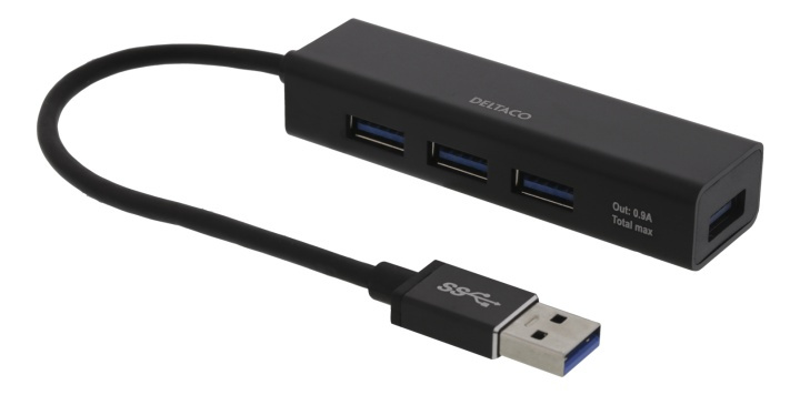 DELTACO USB Mini Hubb med fyra USB-A portar, USB 3.1 Gen 1, svart i gruppen DATORER & KRINGUTRUSTNING / Datortillbehör / USB-hubbar hos TP E-commerce Nordic AB (38-78195)