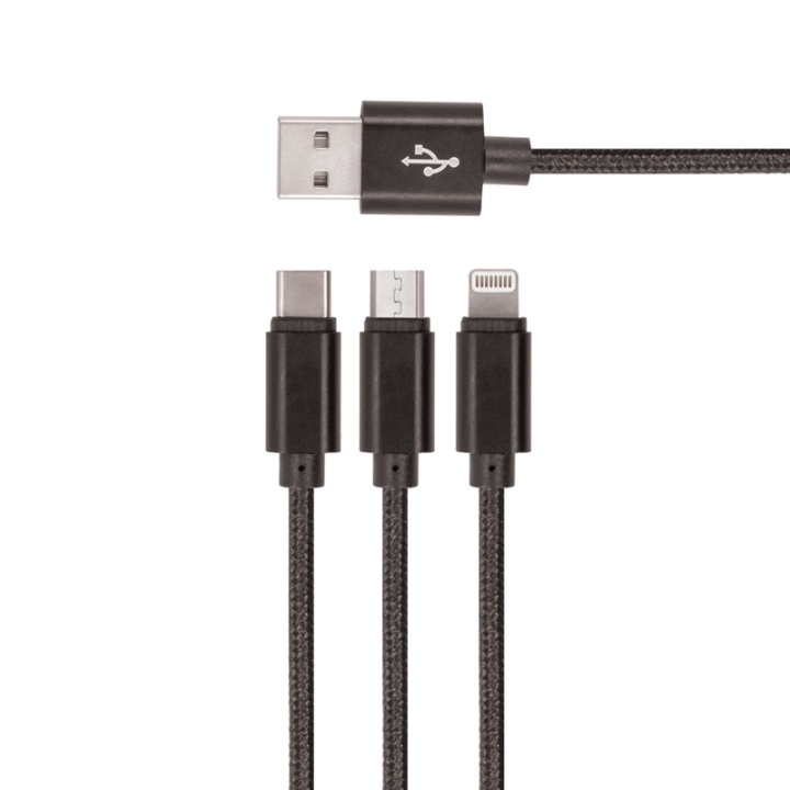 Setty 3i1 USB-kabel till microUSB/USB-C/Lightning, 1 m, Svart i gruppen SMARTPHONE & SURFPLATTOR / Laddare & Kablar / Kablar / Kablar microUSB hos TP E-commerce Nordic AB (38-79027)