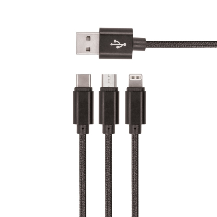 Setty 3i1 USB-kabel till microUSB/USB-C/Lightning, 1,2 m, Svart i gruppen SMARTPHONE & SURFPLATTOR / Laddare & Kablar / Kablar / Kablar microUSB hos TP E-commerce Nordic AB (38-79027)
