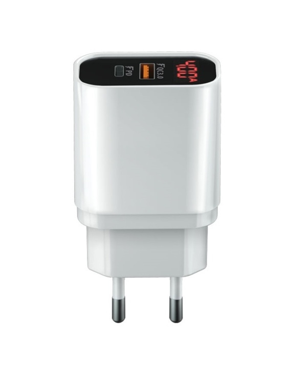 Väggladdare med display - USB+USB-C med QC 3.0 och PD 3.0, 20W i gruppen SMARTPHONE & SURFPLATTOR / Laddare & Kablar / Väggladdare / Väggladdare USB hos TP E-commerce Nordic AB (38-79359)