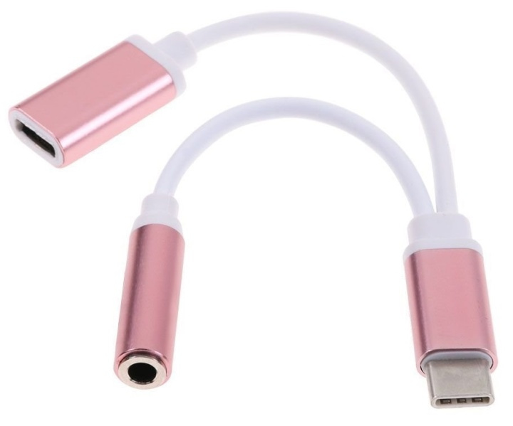 Dual Adapter USB-C till 3,5 mm jack och laddning, Rosa i gruppen SMARTPHONE & SURFPLATTOR / Laddare & Kablar / Adaptrar hos TP E-commerce Nordic AB (38-80763)