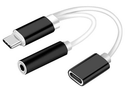 Dual Adapter USB-C till 3,5 mm jack och laddning, Svart i gruppen SMARTPHONE & SURFPLATTOR / Laddare & Kablar / Adaptrar hos TP E-commerce Nordic AB (38-80764)