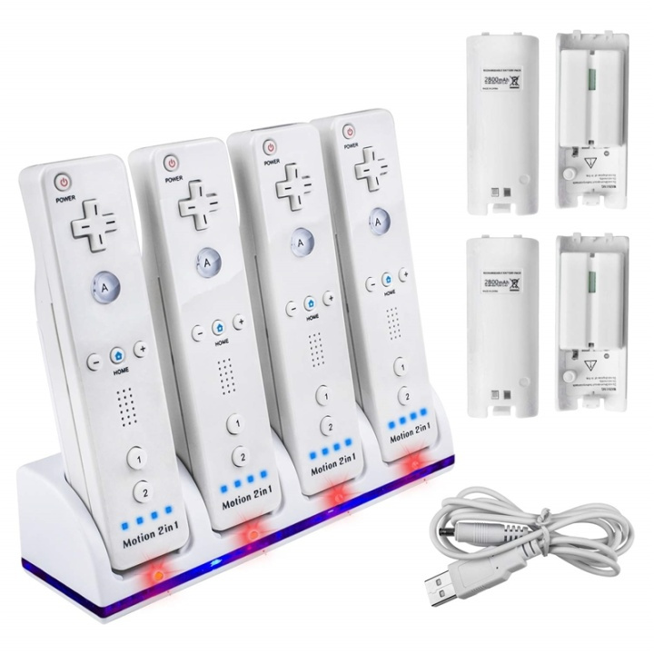 Wii Docka + 4x batteri till Nintendo Wii/Wii U-kontroll, Vit i gruppen HEMELEKTRONIK / Spelkonsoler & Tillbehör / Nintendo Wii hos TP E-commerce Nordic AB (38-81302)