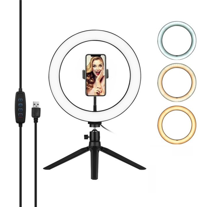 Selfielampa / Ring light, 26 cm med stativ och mobilhållare i gruppen HEMELEKTRONIK / Foto & Video / Fotoutrustning / Ring light & Fotobelysning hos TP E-commerce Nordic AB (38-81640)