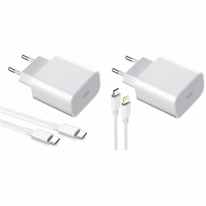 2-pack Laddare för iPhone / Android 20W med USB-C till Lightning och USB-C - Snabbladdare i gruppen SMARTPHONE & SURFPLATTOR / Laddare & Kablar / Väggladdare / Väggladdare Typ C hos TP E-commerce Nordic AB (38-84294)