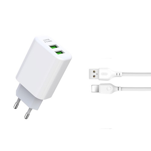 XO väggladdare L85C 2x USB 2,4A + Lightning-kabel, Vit i gruppen SMARTPHONE & SURFPLATTOR / Laddare & Kablar / Kablar / Kablar Lightning hos TP E-commerce Nordic AB (38-86983)