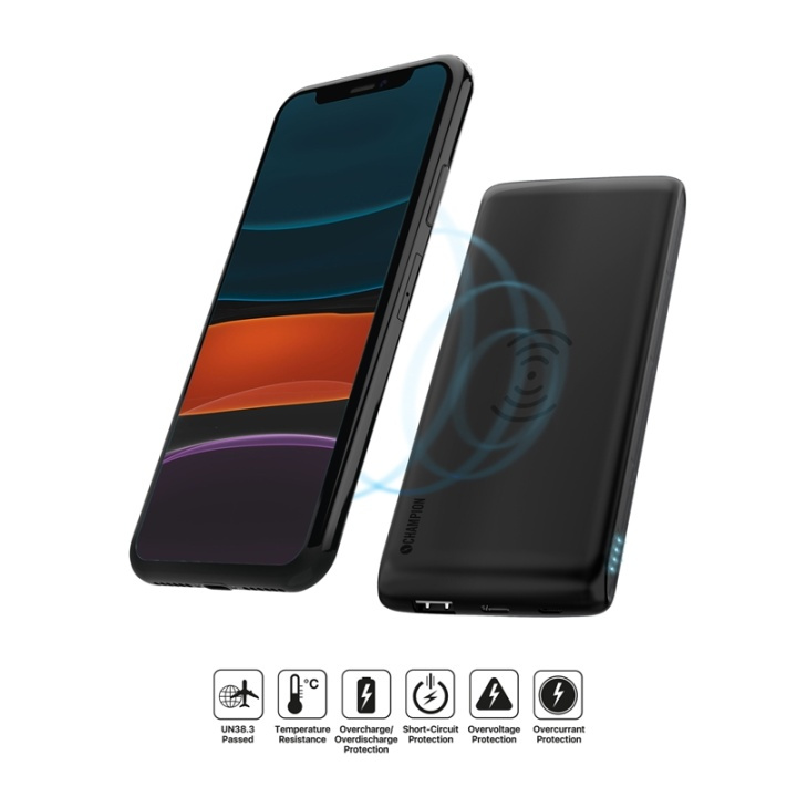 Champion PowerBank 10.000 mAh 12W + Wireless Charging Svart i gruppen SMARTPHONE & SURFPLATTOR / Laddare & Kablar / Powerbanks hos TP E-commerce Nordic AB (38-87166)