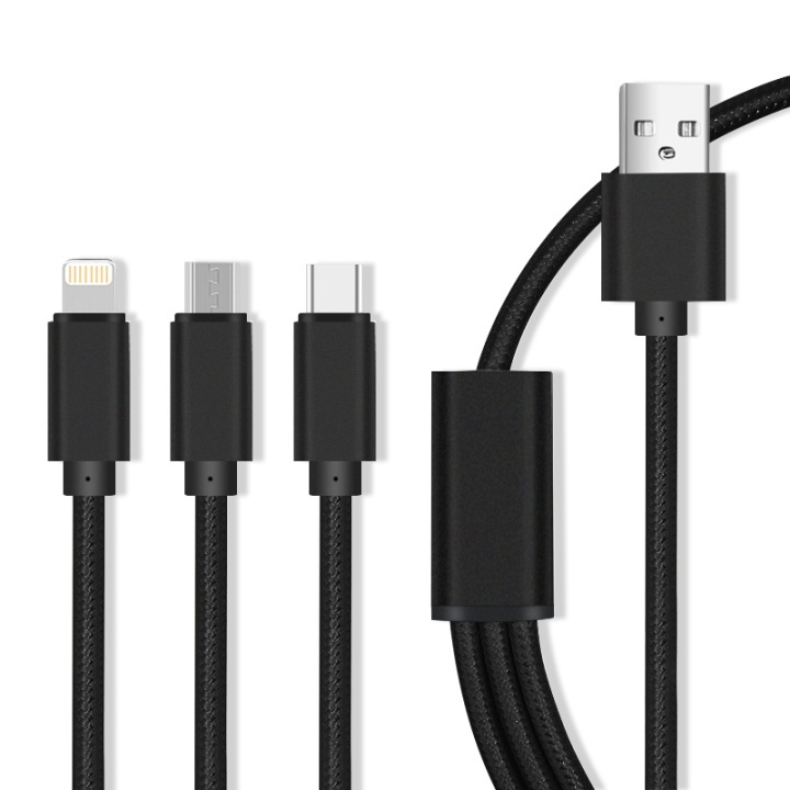 3i1 USB-kabel för snabbladdning - microUSB/USB-C/Lightning (2.1A), Svart i gruppen SMARTPHONE & SURFPLATTOR / Laddare & Kablar / Kablar / Kablar microUSB hos TP E-commerce Nordic AB (38-90058)
