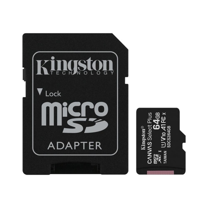 Kingston Canvas Select Plus - microSDXC 64GB, class 10, UHS-I, 100MB/s + adapter i gruppen HEMELEKTRONIK / Lagringsmedia / Minneskort / Micro SD/HC/XC hos TP E-commerce Nordic AB (38-92723)