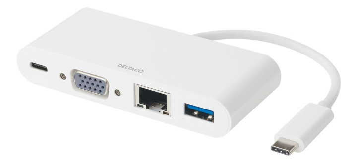 DELTACO USB-C dockningsstation, VGA/USB-C/RJ45/USB-A, 60W USB-C PD, vi i gruppen DATORER & KRINGUTRUSTNING / Datorkablar / VGA / Adaptrar hos TP E-commerce Nordic AB (38-93664)