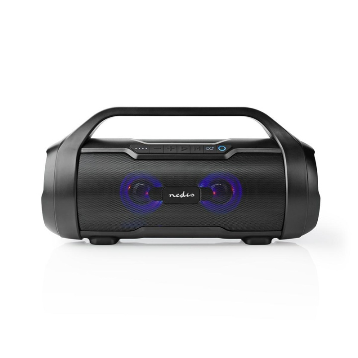 Nedis Bluetooth® Party Boombox | 6 timmar | 2.0 | 120 W | Uppspelning av media: AUX / Micro SD / USB | IPX5 | Synkroniseringsbar | Bärhandtag | Festljus | Svart i gruppen HEMELEKTRONIK / Ljud & Bild / Högtalare & Tillbehör / Bluetooth-högtalare / Bärbara högtalare hos TP E-commerce Nordic AB (38-93752)