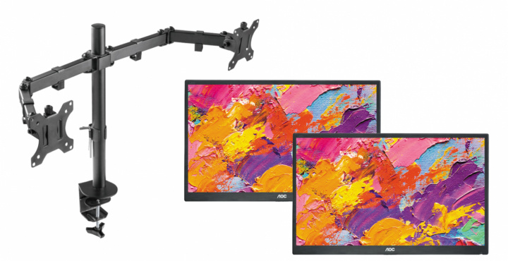 Dual-monitor skrivbordsfäste och två skärmar från AOC - Pre-owned, Klass A i gruppen DATORER & KRINGUTRUSTNING / Datorskärmar & Tillbehör / Monitorarmar & fästen hos TP E-commerce Nordic AB (38-94854)