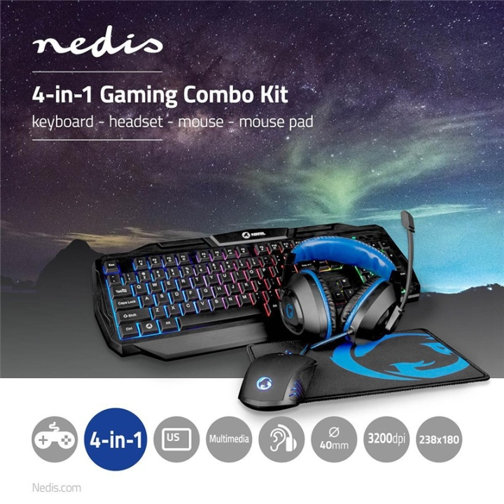 Nedis Gaming Combo Kit | 4-i-1 | Tangentbord, headset, mus och musmatta | Blå / Svart | QWERTY | US Layout i gruppen DATORER & KRINGUTRUSTNING / Gaming / Möss hos TP E-commerce Nordic AB (38-95114)