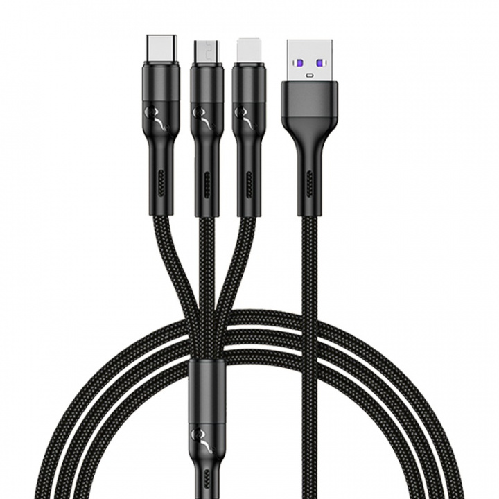 3-i-1 Kabel USB-A till USB-C/Lightning/Micro-USB, 1m, Svart i gruppen SMARTPHONE & SURFPLATTOR / Laddare & Kablar / Kablar / Kablar Typ C hos TP E-commerce Nordic AB (38-96974)