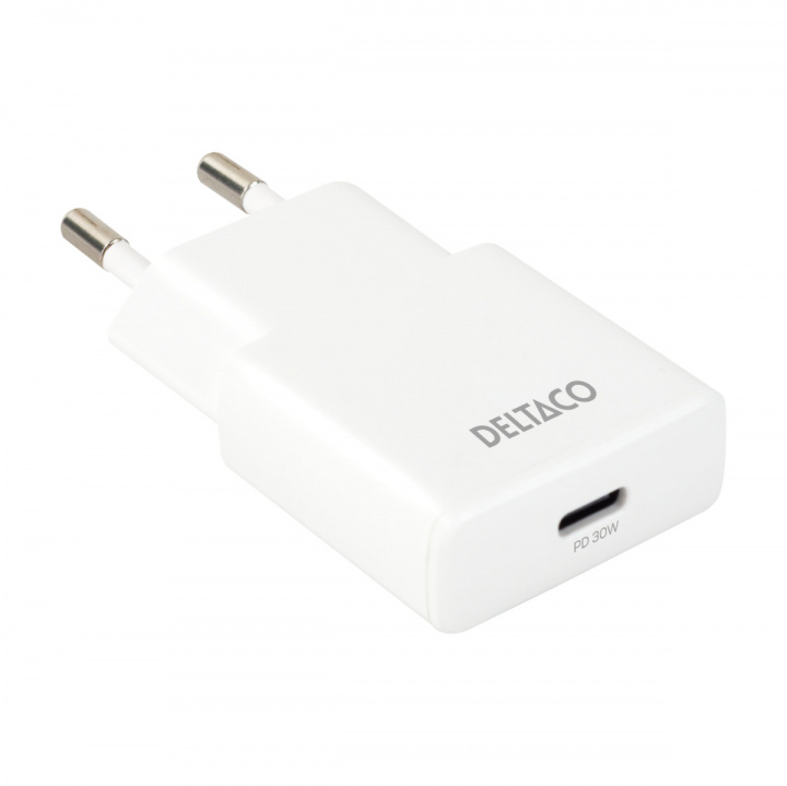 DELTACO USB-C väggladdare, 1x USB-C PD 30 W, slimmad storlek, stödjer PPS i gruppen SMARTPHONE & SURFPLATTOR / Laddare & Kablar / Väggladdare / Väggladdare Typ C hos TP E-commerce Nordic AB (38-97682)