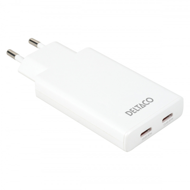 DELTACO USB-C väggladdare 67 W, 2x USB-C PD, slimmad storlek, total effekt 67 W i gruppen SMARTPHONE & SURFPLATTOR / Laddare & Kablar / Väggladdare / Väggladdare Typ C hos TP E-commerce Nordic AB (38-97684)
