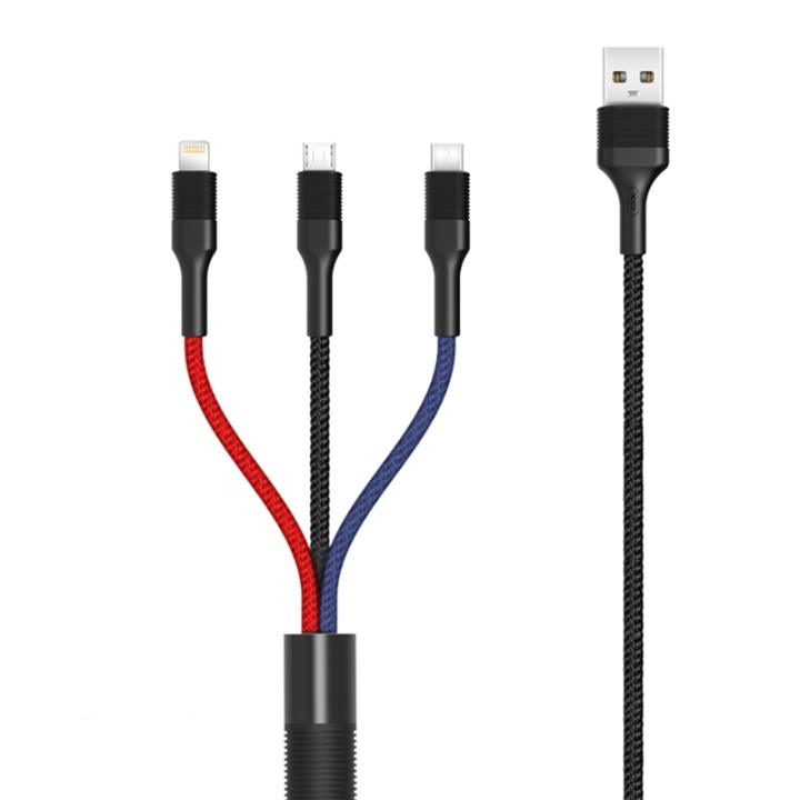 XO NB54, 3i1 USB - Lightning, USB-C, microUSB Laddkabel (3A) 1,2m i gruppen SMARTPHONE & SURFPLATTOR / Laddare & Kablar / Kablar / Kablar microUSB hos TP E-commerce Nordic AB (38-99054)