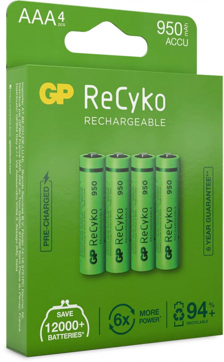 GP ReCyko AAA-batteri, 950 mAh, 4-pack i gruppen HEMELEKTRONIK / Batterier & Laddare / Laddningsbara batterier / AAA hos TP E-commerce Nordic AB (38-99860)