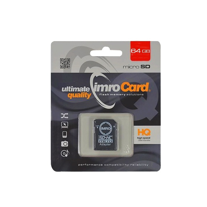 IMRO Minneskort, MicroSDXC, 64GB, class 10, UHS-I, + Adapter i gruppen HEMELEKTRONIK / Lagringsmedia / Minneskort / Micro SD/HC/XC hos TP E-commerce Nordic AB (A08713)