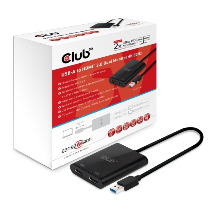 CLUB3D USB A to HDMIT 2.0 Dual Monitor 4K 60Hz i gruppen HEMELEKTRONIK / Kablar & Adaptrar / HDMI / Adaptrar hos TP E-commerce Nordic AB (A13948)