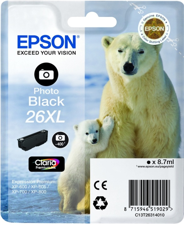 Epson Polar bear Singlepack Photo Black 26XL Claria Premium Ink i gruppen DATORER & KRINGUTRUSTNING / Skrivare & Tillbehör / Bläck & Toner / Bläckpatroner / Epson hos TP E-commerce Nordic AB (A14078)