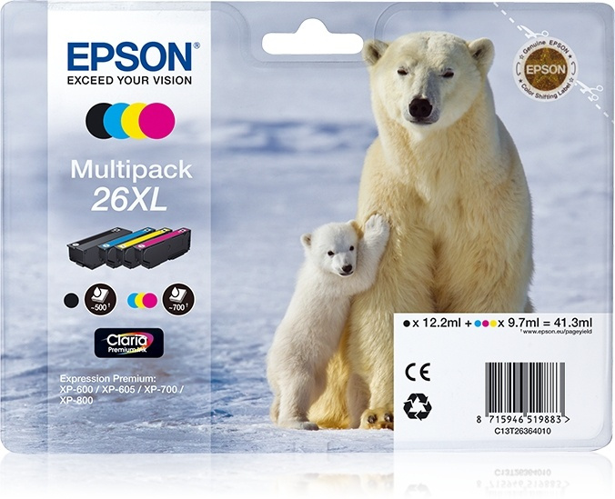 Epson Polar bear Flerpack 4 färger 26XL Claria Premium-bläck i gruppen DATORER & KRINGUTRUSTNING / Skrivare & Tillbehör / Bläck & Toner / Bläckpatroner / Epson hos TP E-commerce Nordic AB (A14079)