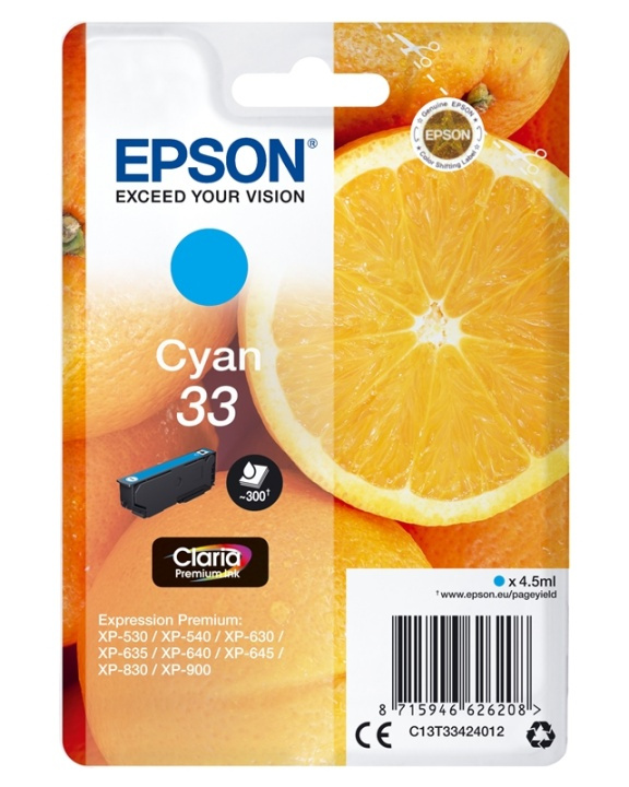 Epson Oranges Singlepack Cyan 33 Claria Premium Ink i gruppen DATORER & KRINGUTRUSTNING / Skrivare & Tillbehör / Bläck & Toner / Bläckpatroner / Epson hos TP E-commerce Nordic AB (A14093)