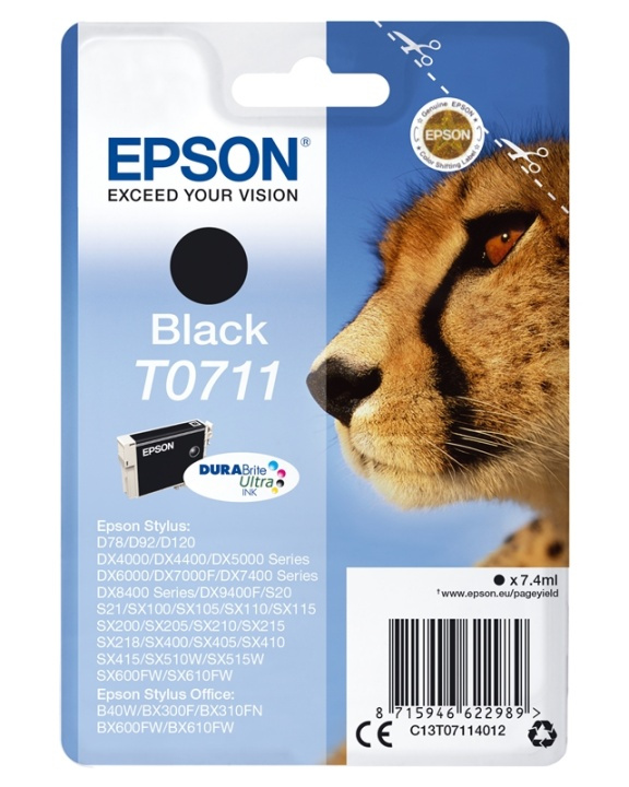 Epson Cheetah Enpack svart T0711 DURABrite Ultra-bläck i gruppen DATORER & KRINGUTRUSTNING / Skrivare & Tillbehör / Bläck & Toner / Bläckpatroner / Epson hos TP E-commerce Nordic AB (A14131)