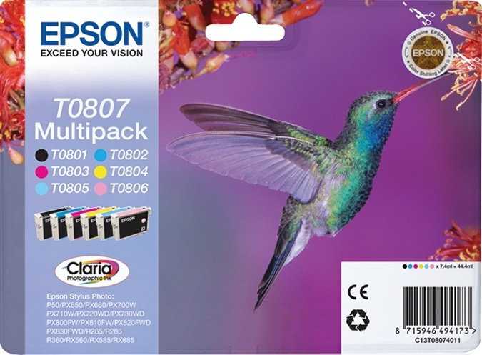 Epson Hummingbird Flerpack 6 färger T0807 Claria Photographic-bläck i gruppen DATORER & KRINGUTRUSTNING / Skrivare & Tillbehör / Bläck & Toner / Bläckpatroner / Epson hos TP E-commerce Nordic AB (A14134)