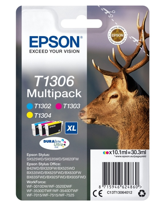 Epson Stag Flerpack 3 färger T1306 DURABrite Ultra-bläck i gruppen DATORER & KRINGUTRUSTNING / Skrivare & Tillbehör / Bläck & Toner / Bläckpatroner / Epson hos TP E-commerce Nordic AB (A14140)