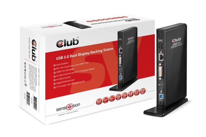 CLUB3D SenseVision USB3.0 Dual Display Docking Station i gruppen DATORER & KRINGUTRUSTNING / Bärbara datorer & tillbehör / Dockningsstation hos TP E-commerce Nordic AB (A14578)