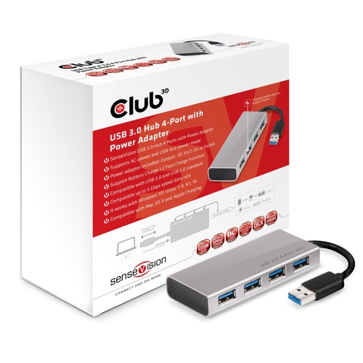 CLUB3D USB 3.0 Hub 4-Port with Power Adapter i gruppen DATORER & KRINGUTRUSTNING / Bärbara datorer & tillbehör / Dockningsstation hos TP E-commerce Nordic AB (A14579)