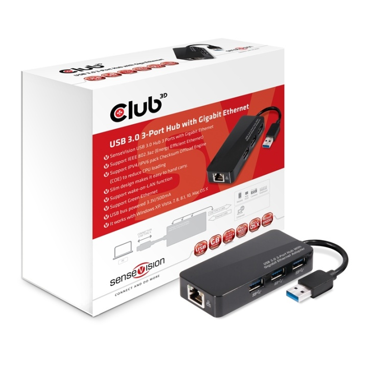 CLUB3D USB 3.0 Hub 3-Port with Gigabit Ethernet i gruppen DATORER & KRINGUTRUSTNING / Datortillbehör / USB-hubbar hos TP E-commerce Nordic AB (A14581)