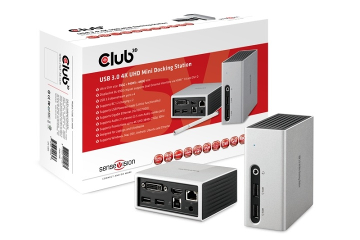 CLUB3D SenseVision USB 3.0 4K UHD Mini Docking Station i gruppen DATORER & KRINGUTRUSTNING / Bärbara datorer & tillbehör / Dockningsstation hos TP E-commerce Nordic AB (A14582)