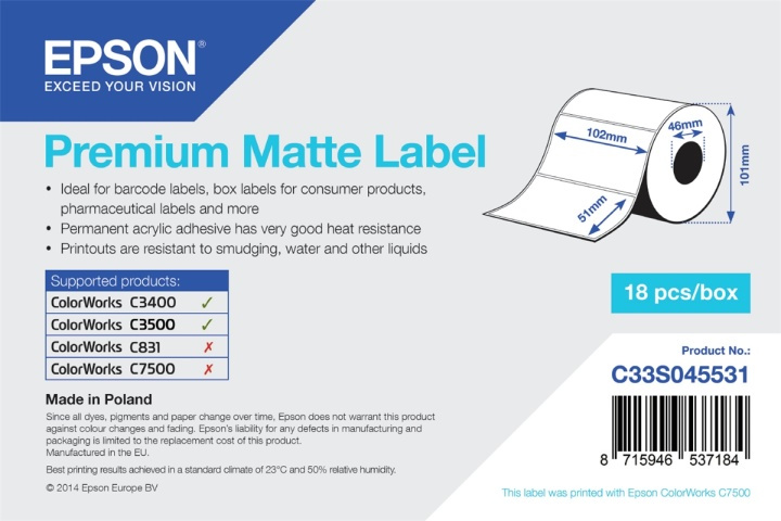 Epson Premium Matte Label - Die-cut Roll: 102mm x 51mm, 650 labels i gruppen DATORER & KRINGUTRUSTNING / Skrivare & Tillbehör / Skrivare / Märkmaskiner & Tillbehör / Etiketter hos TP E-commerce Nordic AB (A15970)