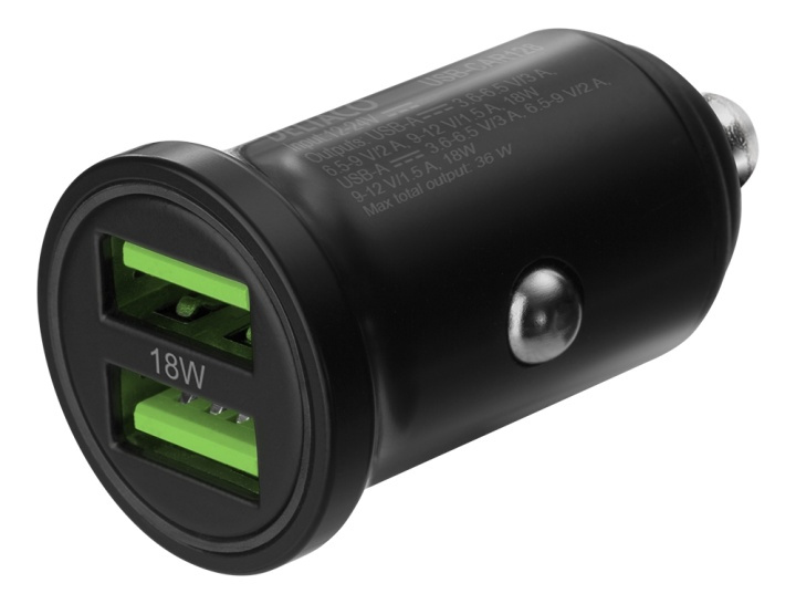 DELTACO USB car charger, 2x USB-A 18 W, fast charging, 36 W total i gruppen SMARTPHONE & SURFPLATTOR / Laddare & Kablar / Billaddare / Billaddare USB hos TP E-commerce Nordic AB (A16664)