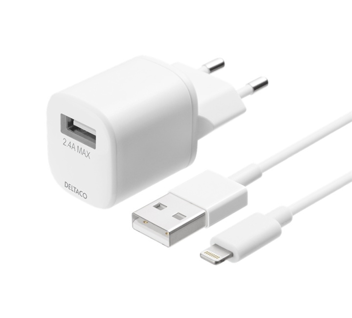 DELTACO USB wall charger, USB-A, 2,4 A, incl. 1 m USB-A to Lightning i gruppen SMARTPHONE & SURFPLATTOR / Laddare & Kablar / Väggladdare / Väggladdare USB hos TP E-commerce Nordic AB (A16670)