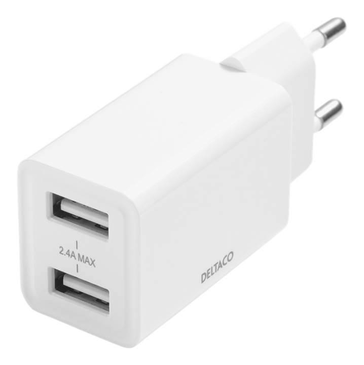 DELTACO USB wall charger, 2x USB-A, 2,4 A, total 12 W, white i gruppen SMARTPHONE & SURFPLATTOR / Laddare & Kablar / Väggladdare / Väggladdare USB hos TP E-commerce Nordic AB (A17219)