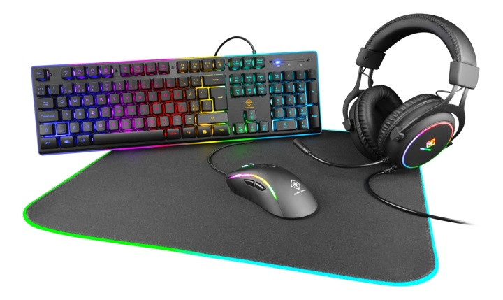 DELTACO GAMING 4in1 RGB-kit med Tangentbord, Mus, Headset, Musmatta i gruppen DATORER & KRINGUTRUSTNING / Möss & Tangentbord / Tangentbord / Paket hos TP E-commerce Nordic AB (A17314)