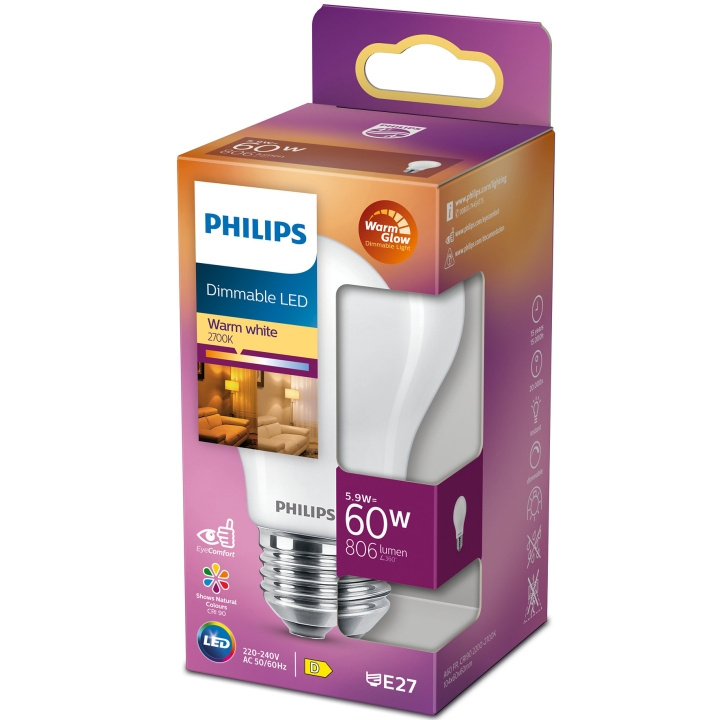 Philips LED E27 Normal 60W Frost Dimbar WarmGl 806lm i gruppen HEMELEKTRONIK / Belysning / LED-lampor hos TP E-commerce Nordic AB (A19303)
