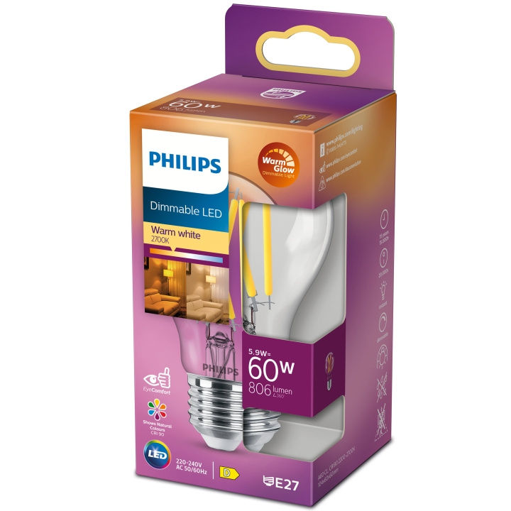 Philips LED E27 Normal 60W Klar Dimbar WarmGlow 806lm i gruppen HEMELEKTRONIK / Belysning / LED-lampor hos TP E-commerce Nordic AB (A19305)