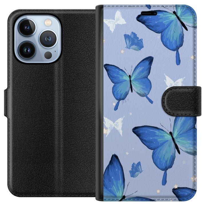 Plånboksfodral till Apple iPhone 13 Pro med Blå fjärillar motiv i gruppen SMARTPHONE & SURFPLATTOR / Mobilskydd / Apple / iPhone 13 Pro hos TP E-commerce Nordic AB (A50502)