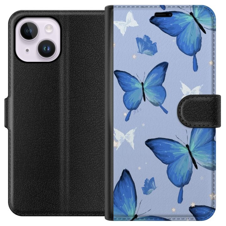 Plånboksfodral till Apple iPhone 15 Plus med Blå fjärillar motiv i gruppen SMARTPHONE & SURFPLATTOR / Mobilskydd / Apple / iPhone 15 hos TP E-commerce Nordic AB (A50934)